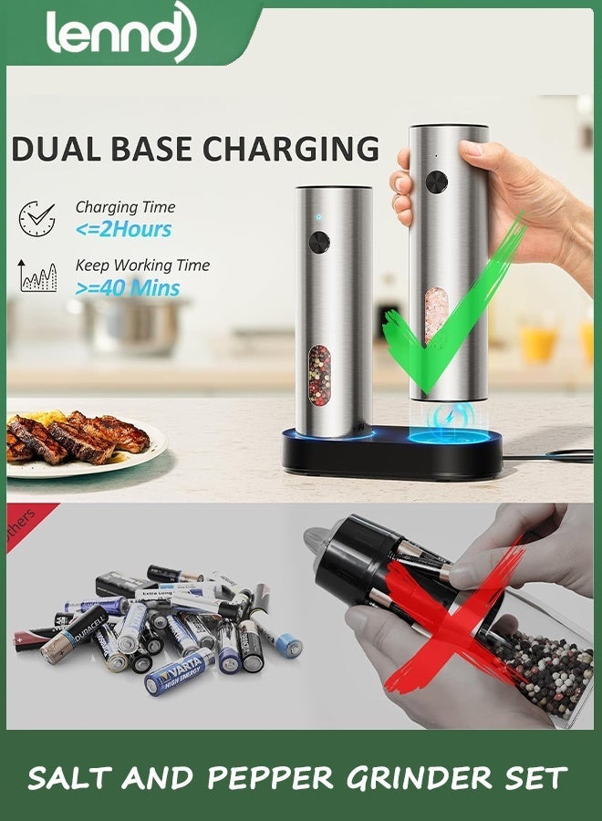 لينند [سعة أكبر مطورة] مجموعة مطحنة الملح والفلفل الكهربائية مع قاعدة شحن USB، سعة كبيرة 95 مل، خشونة قابلة للتعديل، مطحنة فلفل أوتوماتيكية من الفولاذ المقاوم للصدأ (سعة مطورة-أ) - Image 2